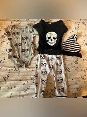 Black Skull Baby Outfit with Striped Hat